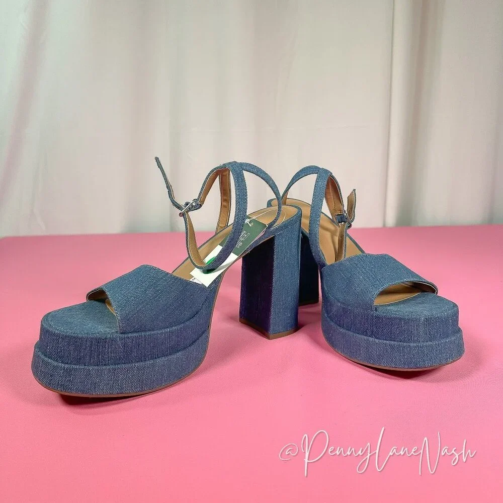 Wild Fable Chunky Block High Heels Denim Sandal Size10 Blue - Picture 4 of 11